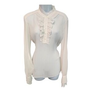 Worthington Women's Ivory Pleated Ruffle Front Long‎ Sleeve Blouse Large NWOT